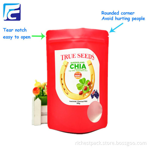 Standup foil chia seed packaging pouch with window